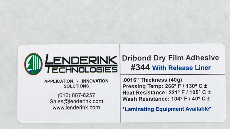 #344L Dry Film Adhesive   28¢/sq.ft. Thickness: .0016″     Pressing Temperature: 266•F+     Pressure: Any Pressure