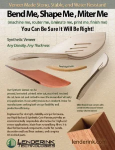 Advertisement for synthetic veneer showing curved veneer samples and text about bending, shaping, and finishing options in a beige textured background.
