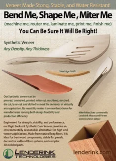 Advertisement for synthetic veneer showing curved veneer samples and text about bending, shaping, and finishing options in a beige textured background.
