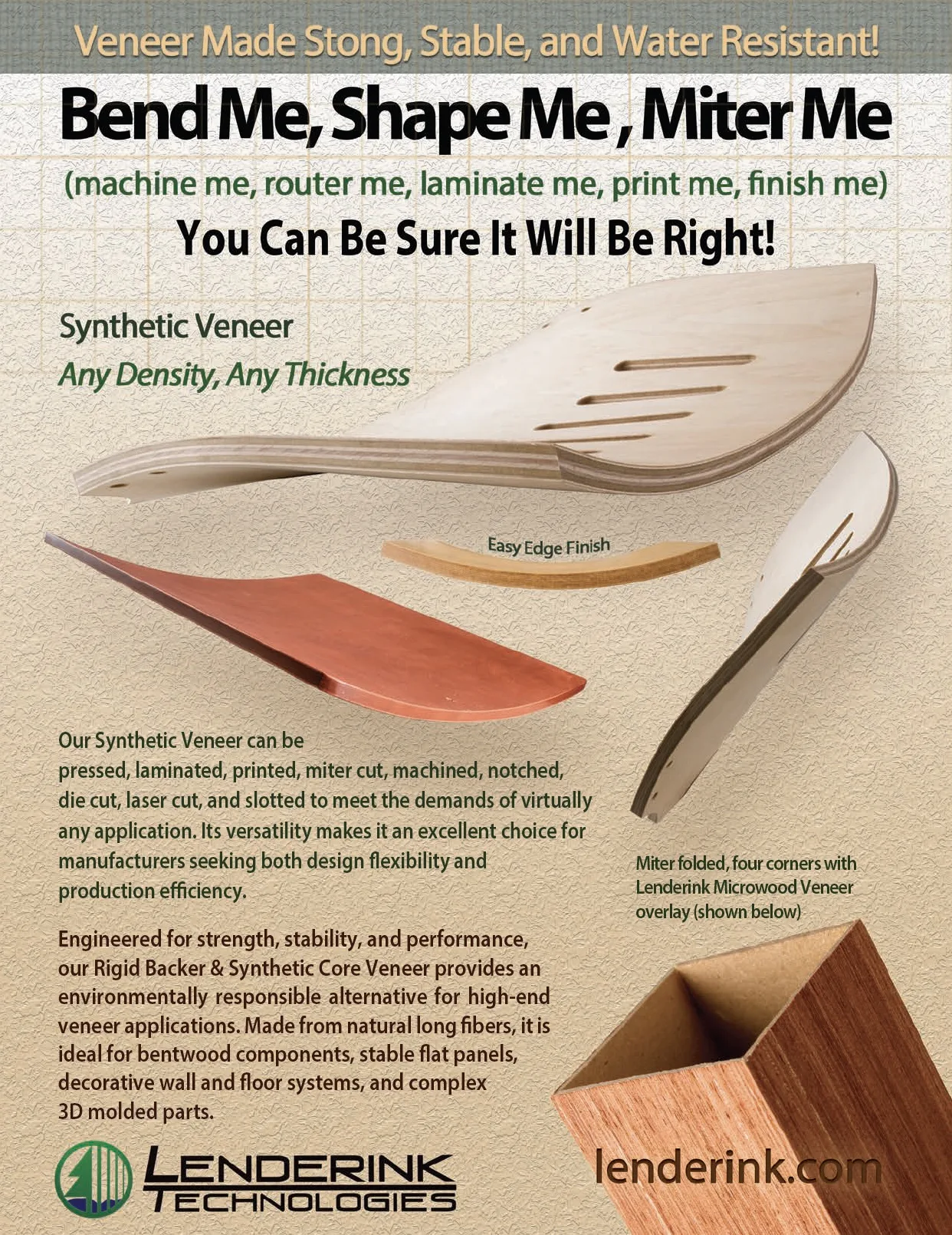 Advertisement for synthetic veneer showing curved veneer samples and text about bending, shaping, and finishing options in a beige textured background.