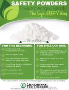 Green product poster advertising Safety Powders for fire retardation and spill control with two feature panels and company logo at bottom.