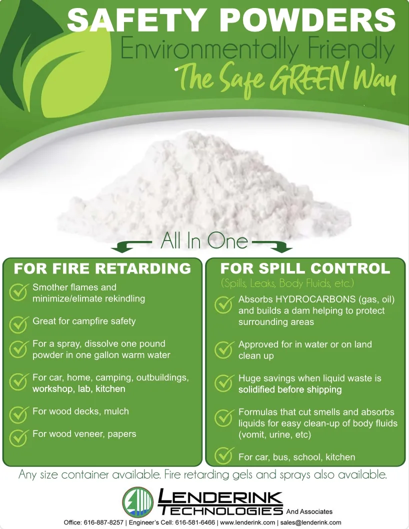 Green product poster advertising Safety Powders for fire retardation and spill control with two feature panels and company logo at bottom.